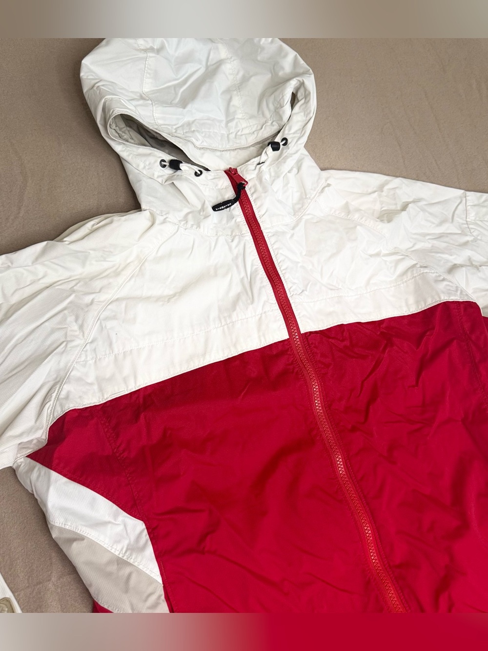 Columbia Vintage Packable Windbreaker Jacket Red White Cream Hooded Full Zip - Picture 2 of 13